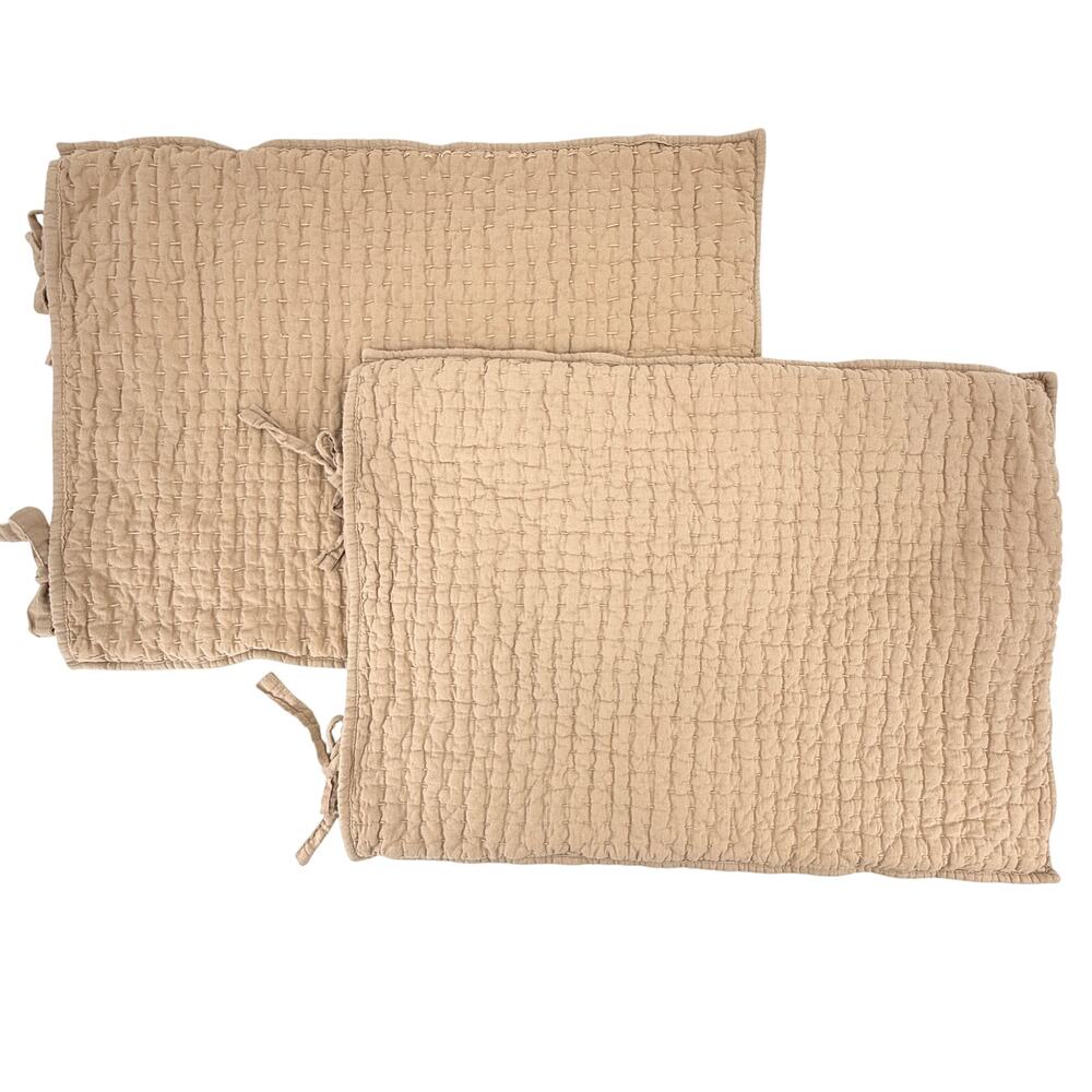 Pottery Barn Pickstitch Standard Pillow Shams Lot Set of 2 Tan Cotton Linen